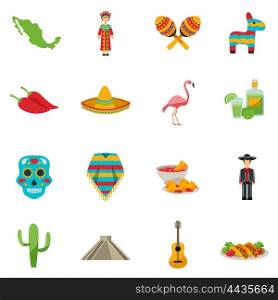 Mexico Flat Icon Set. Set of flat icons with traditional food costumes animals and sightseeings of Mexico vector illustration