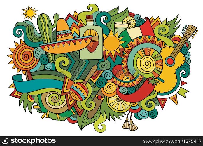 Mexico hand drawn cartoon doodles illustration. Funny travel design. Creative art vector background. Mexican symbols, elements and objects. Colorful composition. Mexico hand drawn cartoon doodles illustration. Funny travel design
