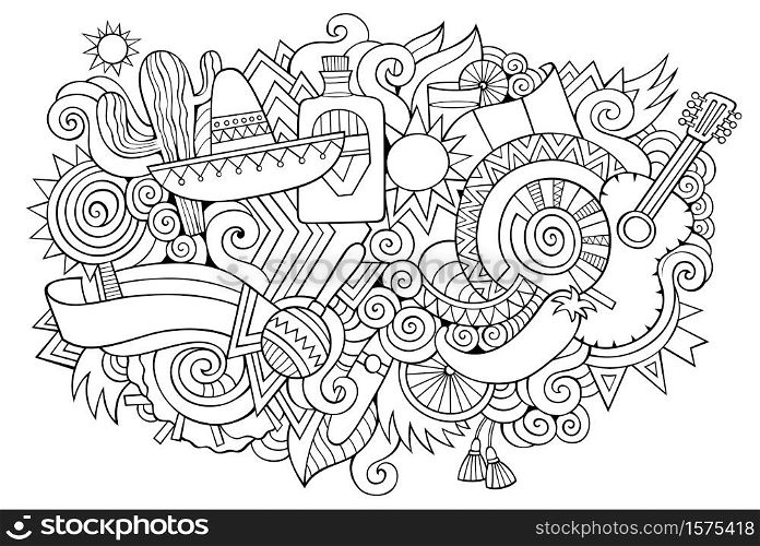 Mexico hand drawn cartoon doodles illustration. Funny travel design. Creative art vector background. Mexican symbols, elements and objects. Sketchy composition. Mexico hand drawn cartoon doodles illustration. Funny travel design