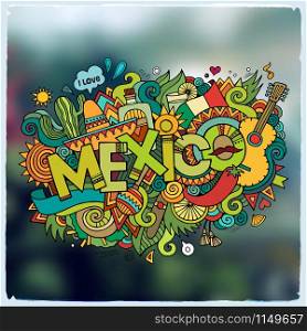 Mexico hand lettering and doodles elements and symbols emblem. Vector blurred background. Mexico hand lettering and doodles elements emblem