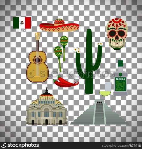 Mexico icons and flag in flat style set isolated on transparent background. Vector illustration. Mexico icons set on transparent background