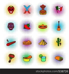 Mexico icons set in comics style isolated on white background. Mexico icons set