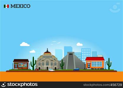 Mexico landmarks skyline colored illustration on sky blue background. Vector icon. Mexico landmarks skyline