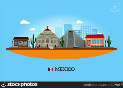 Mexico landmarks skyline. Mexican tourist attractions vector illustration. Mexico landmarks skyline