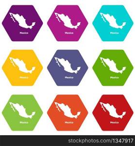 Mexico map icons 9 set coloful isolated on white for web. Mexico map icons set 9 vector