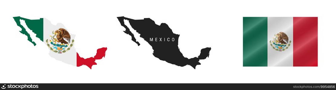 Mexico. Map with masked flag. Detailed silhouette. Waving flag. Vector illustration isolated on white.. Mexico. Detailed flag map. Detailed silhouette. Waving flag. Vector illustration