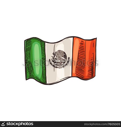 Mexico national flag isolated sketch. Vector Mexican traditional banner, Cinco de mayo holiday. Mexican traditional flag isolated Mexico symbol