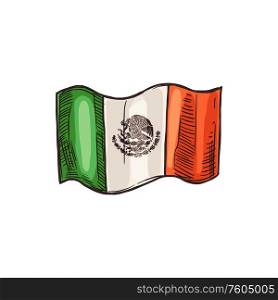 Mexico national flag isolated sketch. Vector Mexican traditional banner, Cinco de mayo holiday. Mexican traditional flag isolated Mexico symbol
