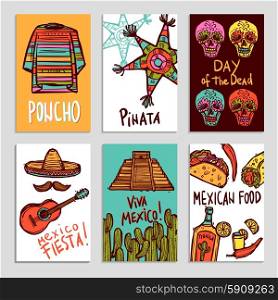 Mexico poster set with hand drawn poncho pinata and food elements isolated vector illustration. Mexico Poster Set