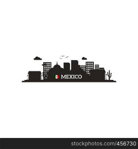 Mexico skyline silhouette with name of country and flag. Vector illustration. Mexico skyline silhouette