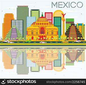 Mexico Skyline with Color Buildings, Blue Sky and Reflections. Vector Illustration. Business Travel and Tourism Concept with Historic Buildings. Image for Presentation and Banner.