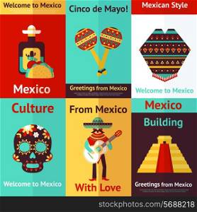 Mexico style culture building travel mini retro posters set isolated vector illustration