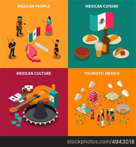 Mexico Touristic 4 Isometric Icons Square . Mexican culture traditions and national spicy cuisine for travelers 4 isometric icons square poster isolated vector illustration