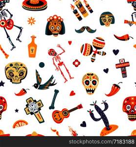 Mexico traditional elements, Mexican symbols and signs seamless pattern on white. Muertos skulls and skeleton playing on guitar, cactus and cross, chilli pepper and slice of lemon, maracas sombrero. Mexico traditional elements, Mexican symbols and signs seamless pattern