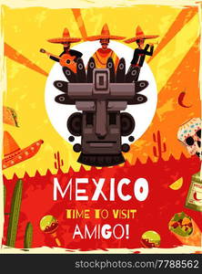 Mexico travel poster with invitation words and mexican ancient mythology and culture symbols flat vector illustration. Mexico Travel Poster