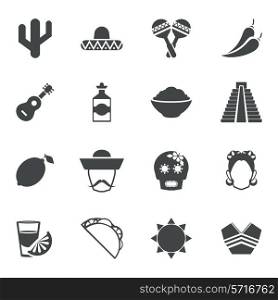 Mexico travel symbols black icon set with guitar tequila pyramid maize isolated vector illustration