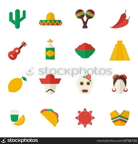 Mexico travel symbols flat icon set with cactus sombrero maraca chili pepper isolated vector illustration