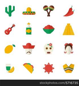 Mexico travel symbols flat icon set with cactus sombrero maraca chili pepper isolated vector illustration