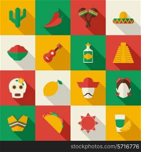 Mexico travel symbols flat icon set with mask lemon people isolated vector illustration