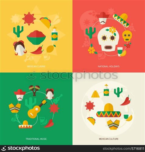 Mexico travel symbols flat icon set with mexican cuisine national holidays traditional music culture isolated vector illustration