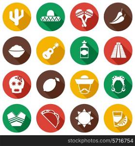 Mexico travel symbols flat icon set with poncho taco tequila and ethnic symbols isolated vector illustration