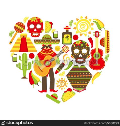 Mexico travel traditional symbols decorative icon set in heart shape vector illustration