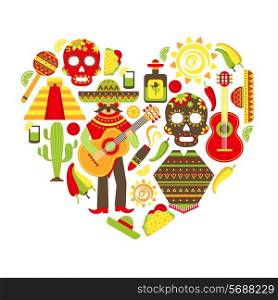 Mexico travel traditional symbols decorative icon set in heart shape vector illustration
