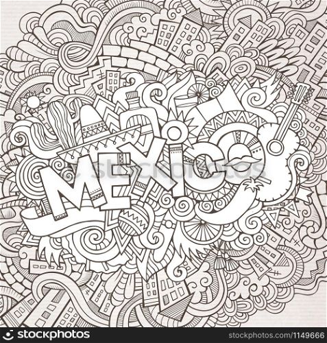 Mexico vector hand lettering and doodles elements background