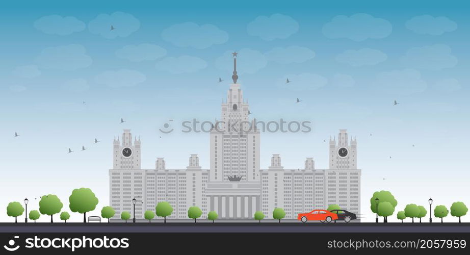 MGU. Moscow State University, Moscow, Russia. Vector illustration with cars and blue sky