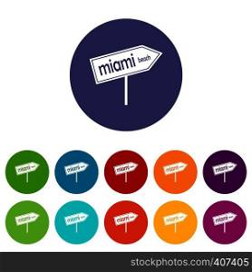 Miami arrow post sign set icons in different colors isolated on white background. Miami arrow post sign set icons