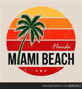 Miami beach Florida tee print with palm tree. T-shirt design, graphics, stamp, label, typography.. Miami beach Florida tee print with palm tree. T-shirt design, gr