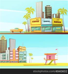 Miami Beach Horizontal Banners. Miami beach horizontal banners in cartoon style with sea shore barber bakery cafe lifeguard cabin flat vector illustration