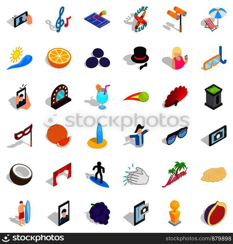 Miami beach icons set. Isometric style of 36 miami beach vector icons for web isolated on white background. Miami beach icons set, isometric style