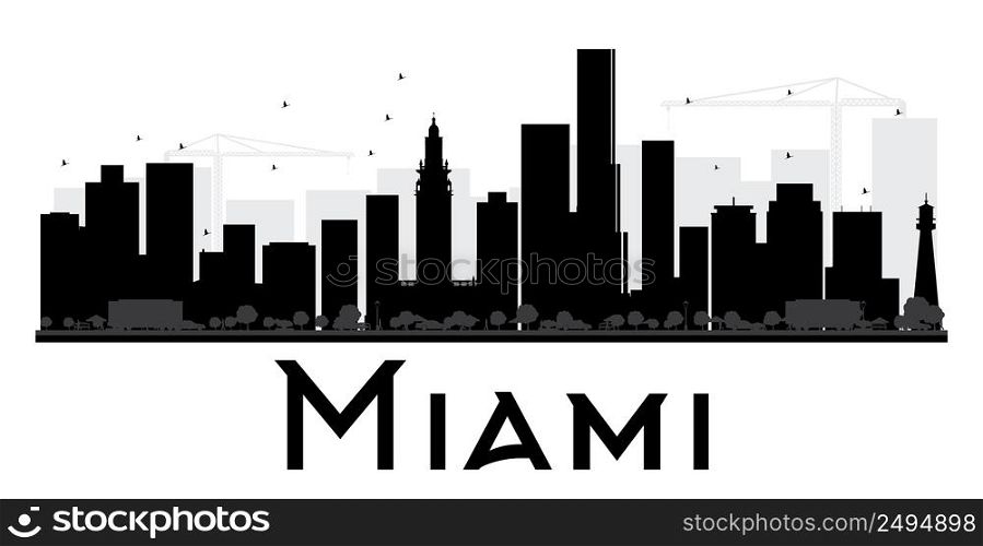 Miami City skyline black and white silhouette. Vector illustration. Simple flat concept for tourism presentation, banner, placard or web site. Business travel concept. Cityscape with landmarks