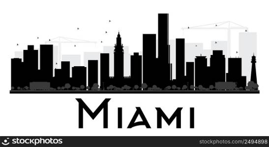 Miami City skyline black and white silhouette. Vector illustration. Simple flat concept for tourism presentation, banner, placard or web site. Business travel concept. Cityscape with landmarks