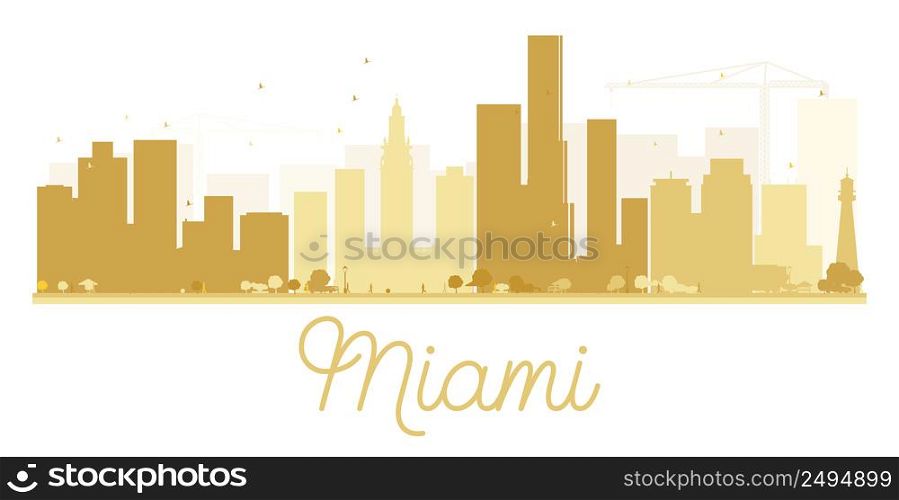 Miami City skyline golden silhouette. Vector illustration. Simple flat concept for tourism presentation, banner, placard or web site. Business travel concept. Cityscape with landmarks
