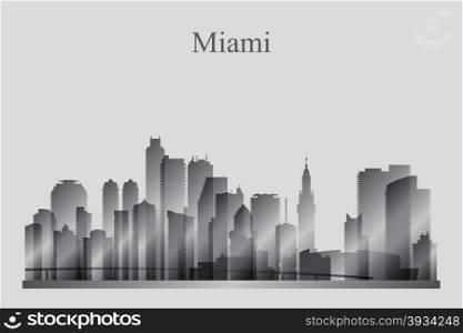 Miami city skyline silhouette in grayscale, vector illustration