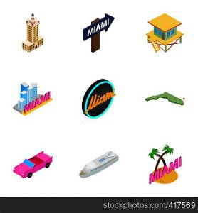 Miami holidays icons set. Isometric 3d illustration of 9 Miami holidays vector icons for web. Miami holidays icons set, isometric 3d style