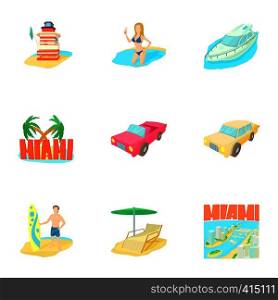Miami icons set. Cartoon illustration of 9 Miami vector icons for web. Miami icons set, cartoon style