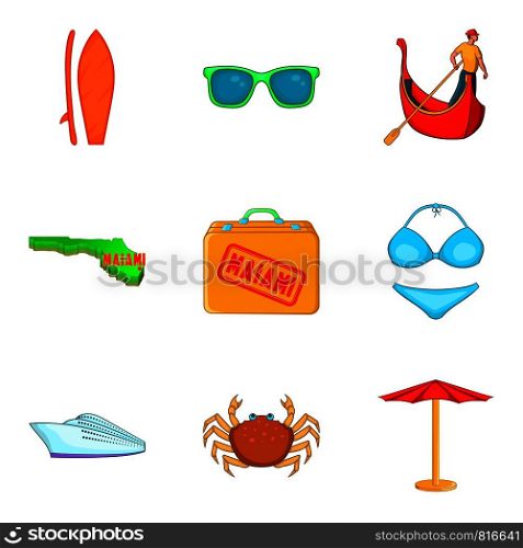 Miami icons set. Cartoon set of 9 miami vector icons for web isolated on white background. Miami icons set, cartoon style