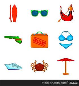 Miami icons set. Cartoon set of 9 miami vector icons for web isolated on white background. Miami icons set, cartoon style