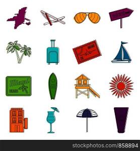 Miami icons set. Doodle illustration of vector icons isolated on white background for any web design. Miami icons doodle set