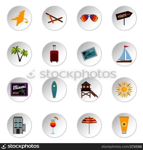 Miami icons set. Flat illustration of 16 Miami vector icons for web. Miami icons set, flat style