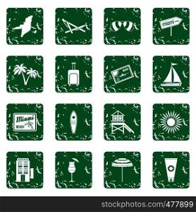 Miami icons set in grunge style green isolated vector illustration. Miami icons set grunge