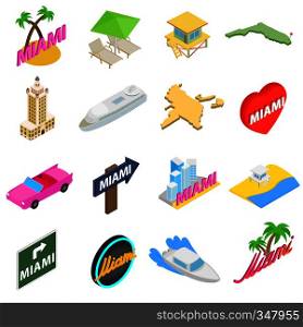 Miami icons set in isometric 3d style isolated on white background. Miami icons set, isometric 3d style