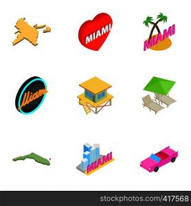 Miami icons set. Isometric 3d illustration of 9 Miami vector icons for web. Miami icons set, isometric 3d style