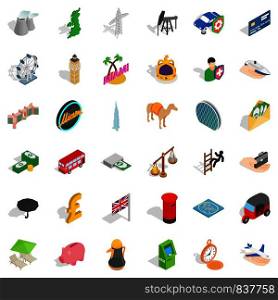 Miami icons set. Isometric style of 36 miami vector icons for web isolated on white background. Miami icons set, isometric style