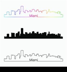 Miami skyline linear style with rainbow in editable vector file
