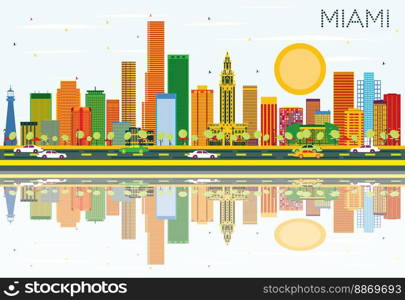 Miami Skyline with Color Buildings, Blue Sky and Reflections. Vector Illustration. Business Travel and Tourism Concept with Modern Architecture. Image for Presentation Banner Placard and Web Site.