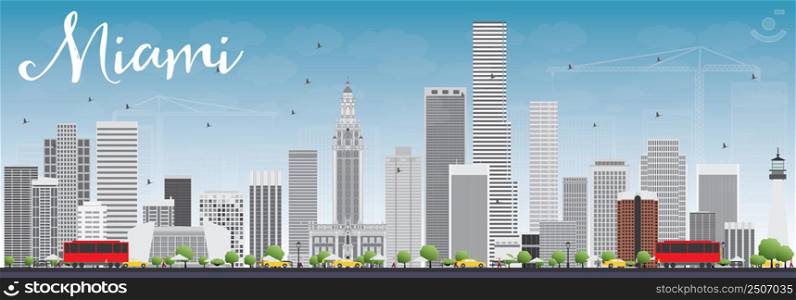 Miami Skyline with Gray Buildings and Blue Sky. Vector Illustration. Business Travel and Tourism Concept with Modern Buildings. Image for Presentation Banner Placard and Web Site.